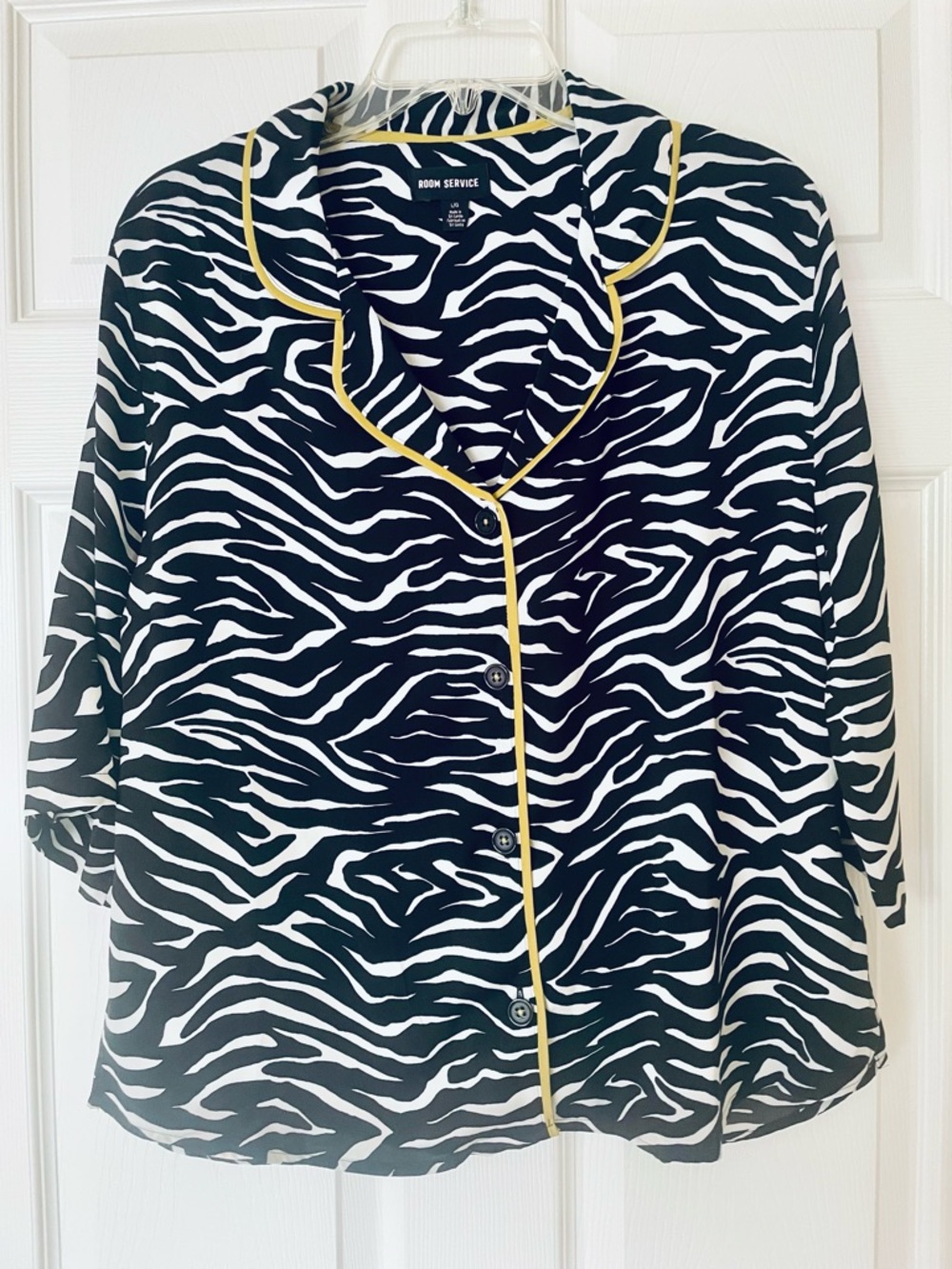 Room Service Zebra Print Pajama Set Black White with Contrast Piping - Picture 2 of 5